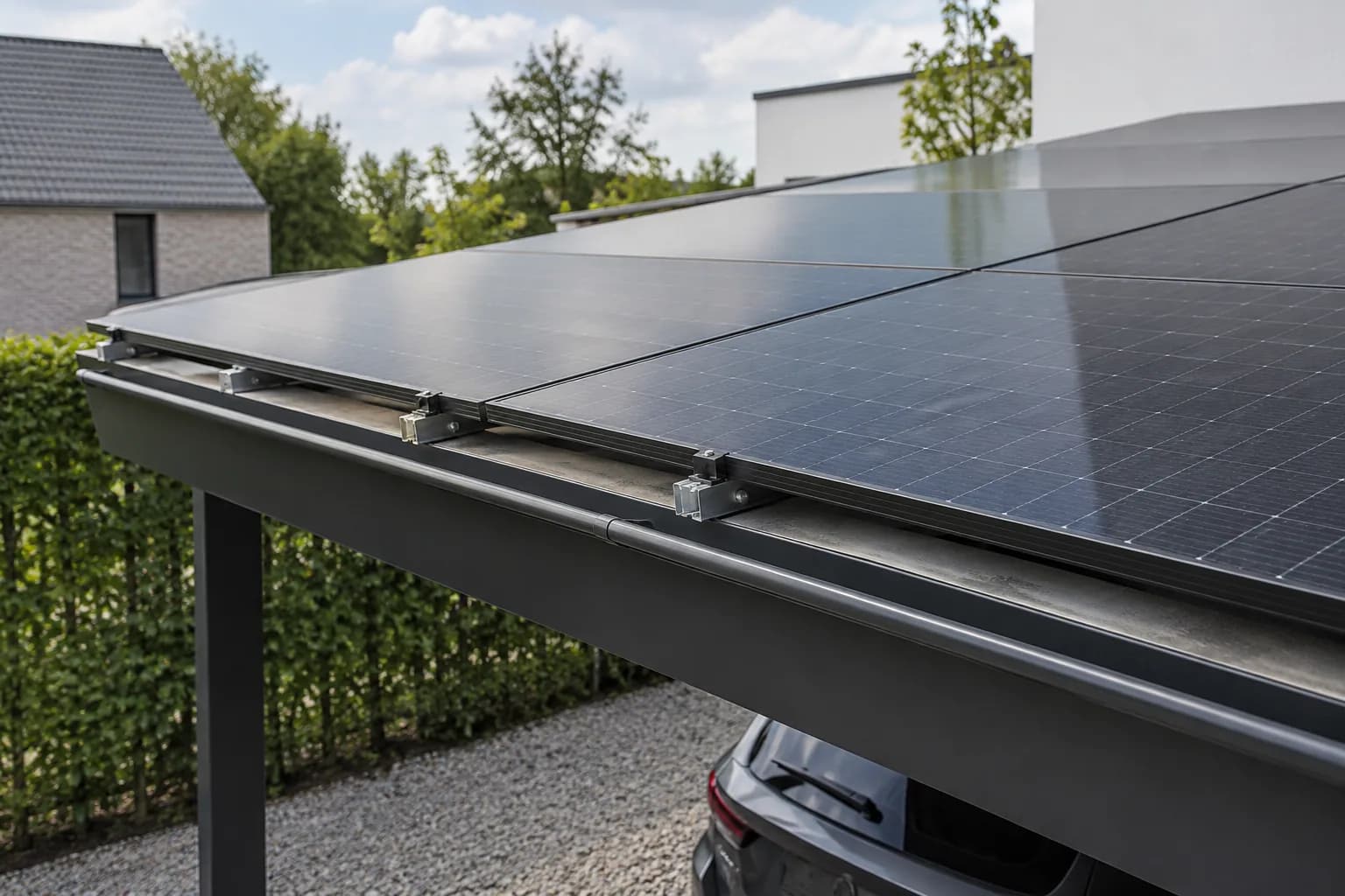 Zonnepanelen met bevestigingsklemmen en een dakgoot aan de rand van een solarcarport.