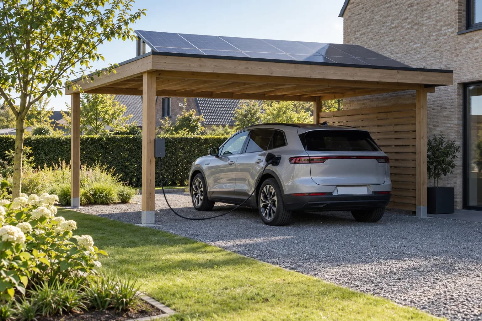 Elektrische auto aan een laadpunt onder een carport met zonnepanelen.
