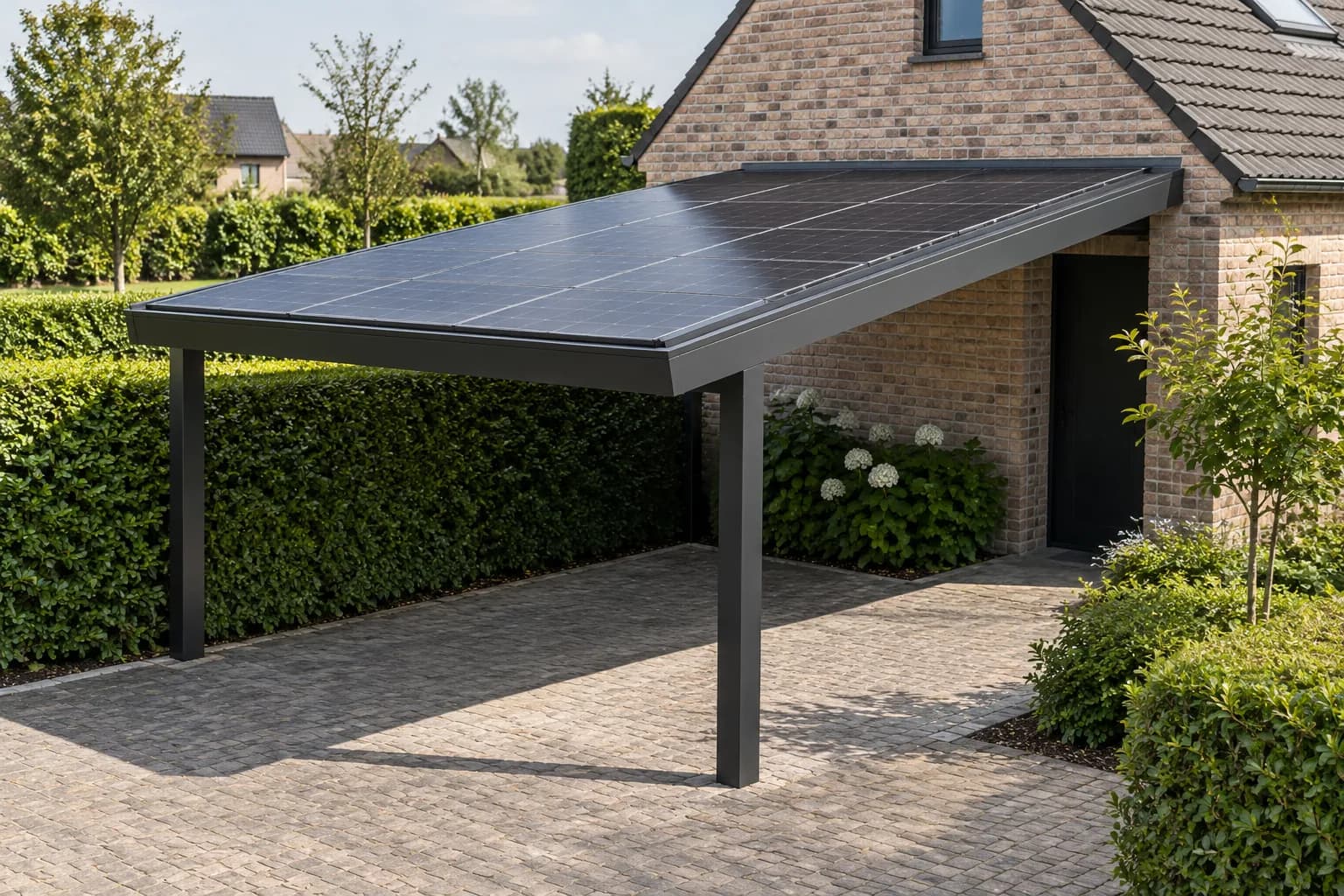 Carport met zwarte zonnepanelen op een licht hellend dak boven een lege parkeerplek.