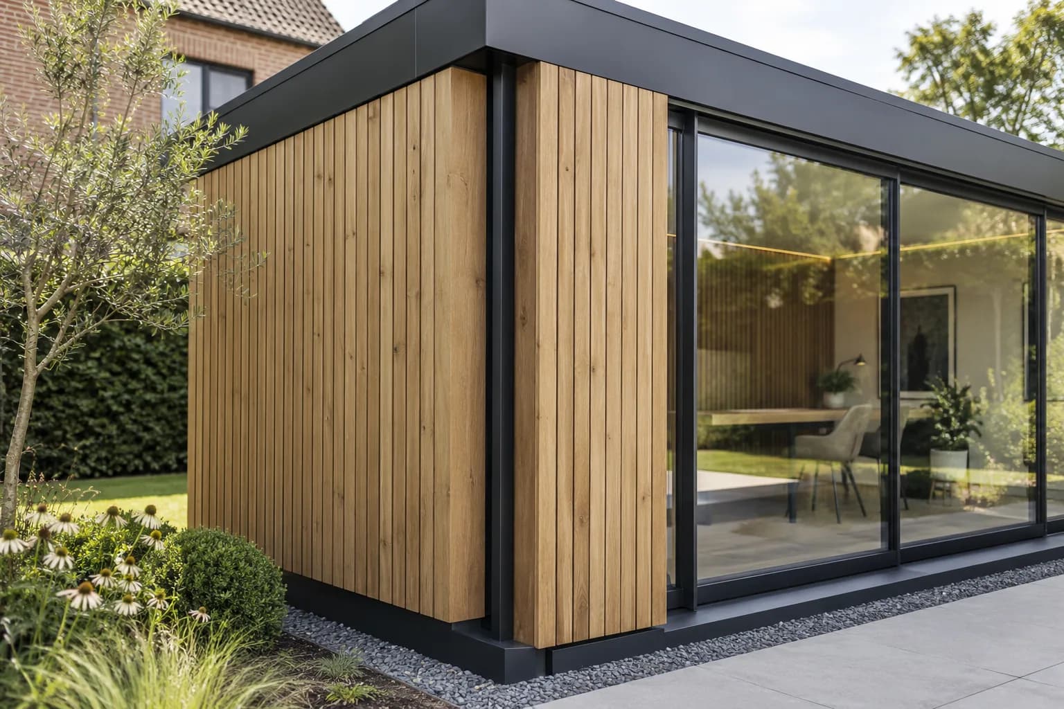 Detail van houten gevelbekleding, aluminium dakrand en beglazing van een bijgebouw