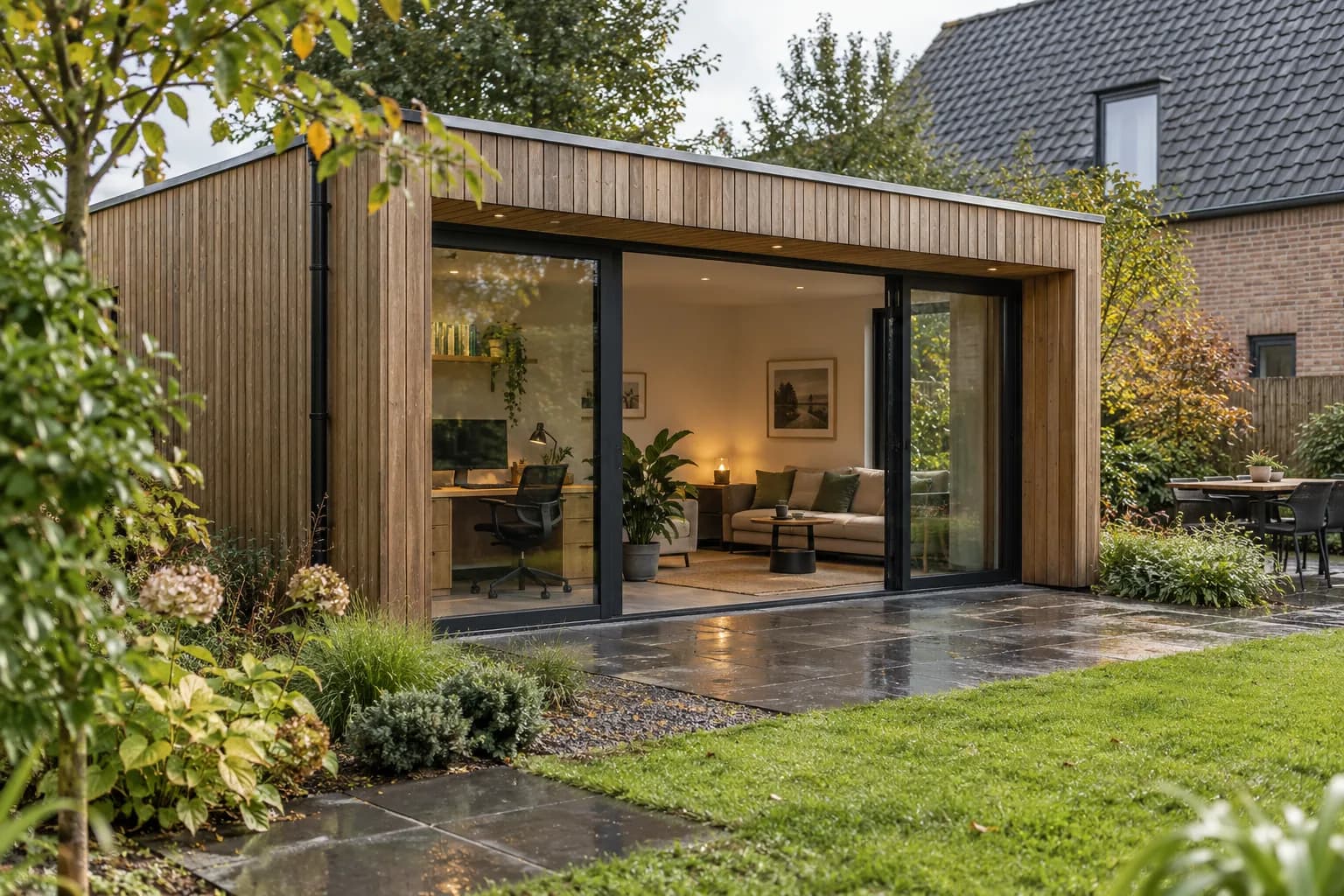 Houten bijgebouw ingericht als tuinkantoor en leefruimte